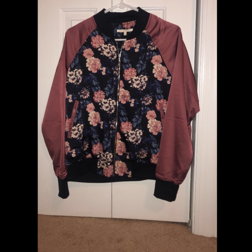 zip up floral silk jacket